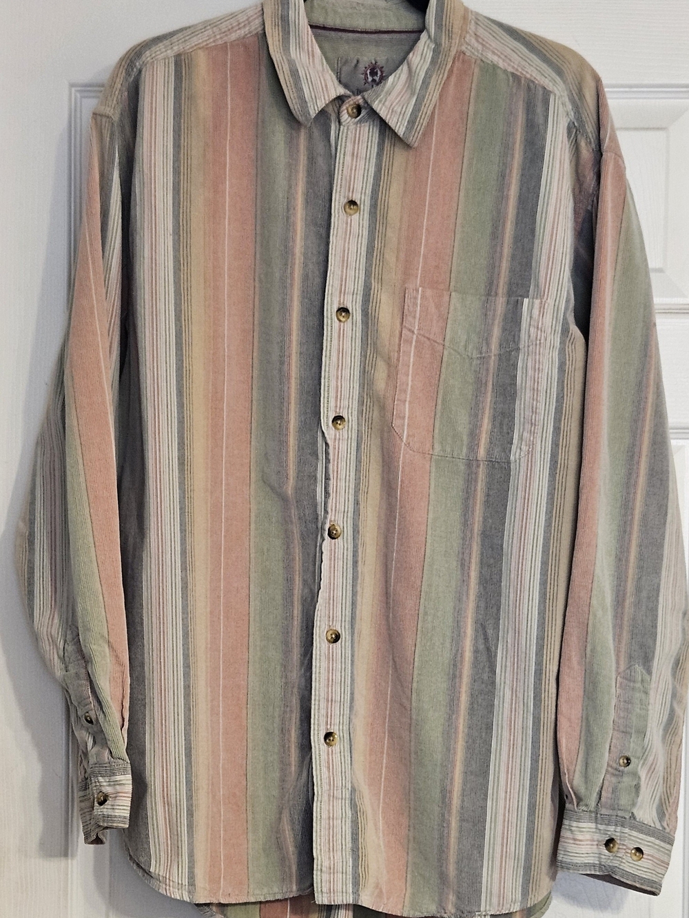 The Territory Ahead Y2K Pastel Multi-Stripe Button-Down Shirt. Flaws